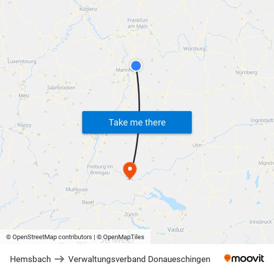 Hemsbach to Verwaltungsverband Donaueschingen map