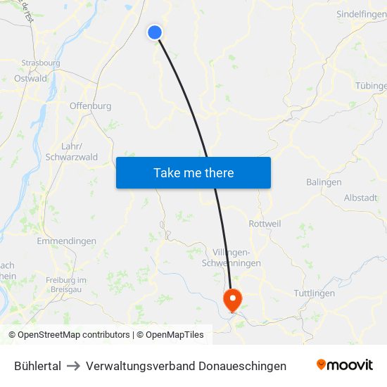 Bühlertal to Verwaltungsverband Donaueschingen map