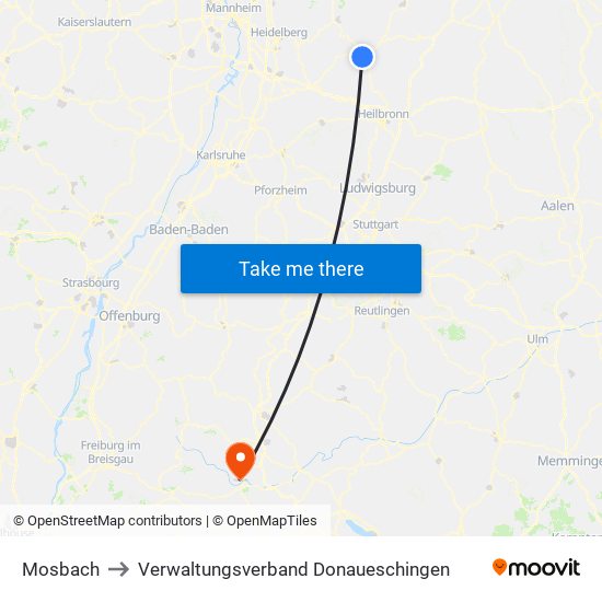 Mosbach to Verwaltungsverband Donaueschingen map