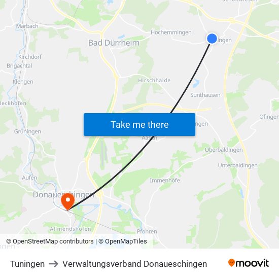 Tuningen to Verwaltungsverband Donaueschingen map