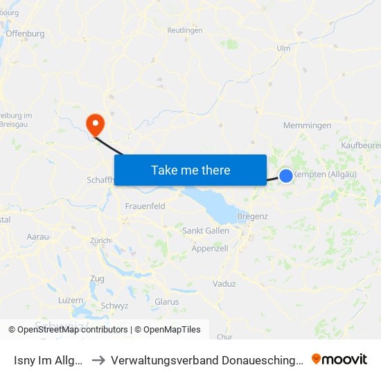 Isny Im Allgäu to Verwaltungsverband Donaueschingen map