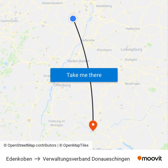 Edenkoben to Verwaltungsverband Donaueschingen map