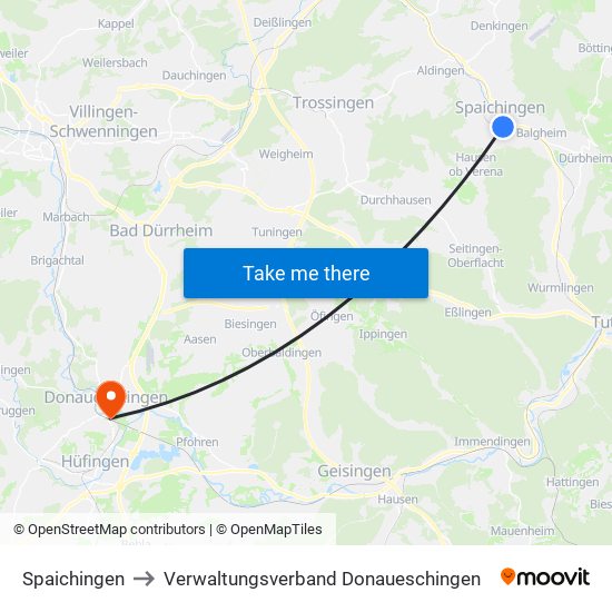 Spaichingen to Verwaltungsverband Donaueschingen map