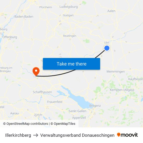 Illerkirchberg to Verwaltungsverband Donaueschingen map