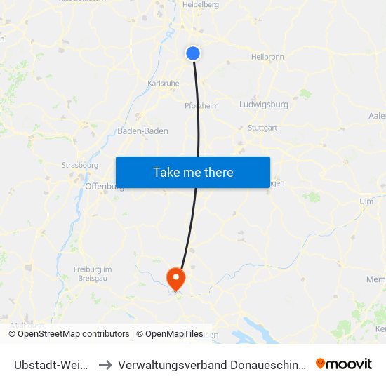 Ubstadt-Weiher to Verwaltungsverband Donaueschingen map