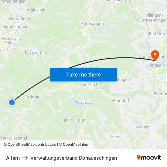Aitern to Verwaltungsverband Donaueschingen map