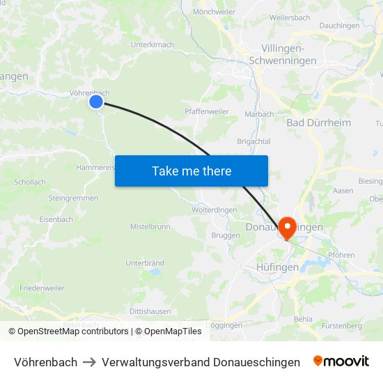 Vöhrenbach to Verwaltungsverband Donaueschingen map