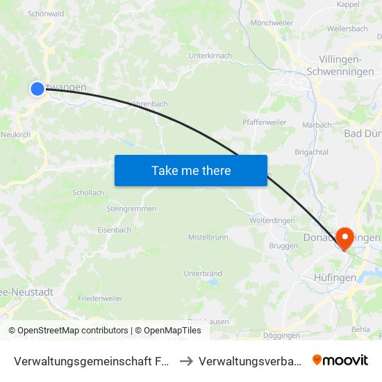 Verwaltungsgemeinschaft Furtwangen Im Schwarzwald to Verwaltungsverband Donaueschingen map