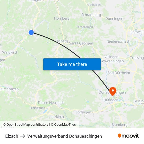 Elzach to Verwaltungsverband Donaueschingen map