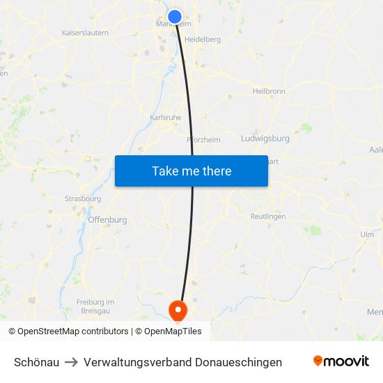 Schönau to Verwaltungsverband Donaueschingen map