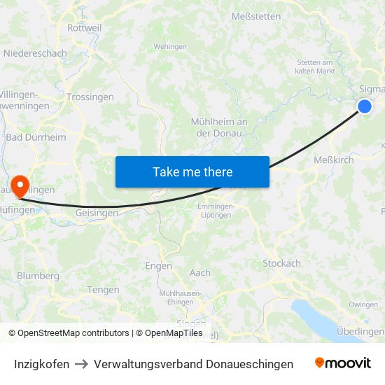 Inzigkofen to Verwaltungsverband Donaueschingen map
