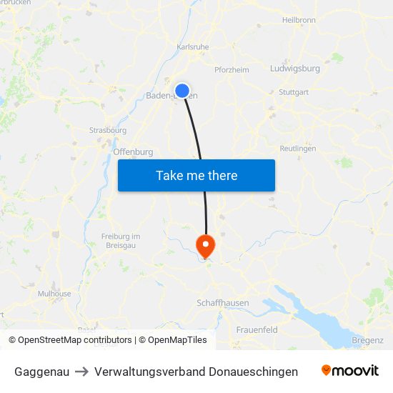 Gaggenau to Verwaltungsverband Donaueschingen map