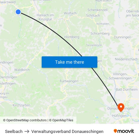 Seelbach to Verwaltungsverband Donaueschingen map