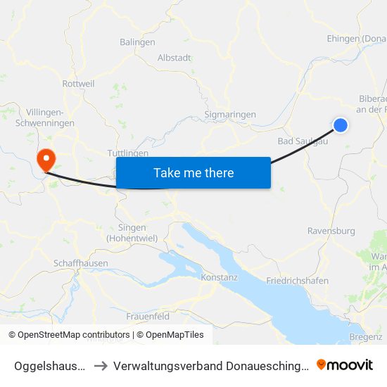 Oggelshausen to Verwaltungsverband Donaueschingen map