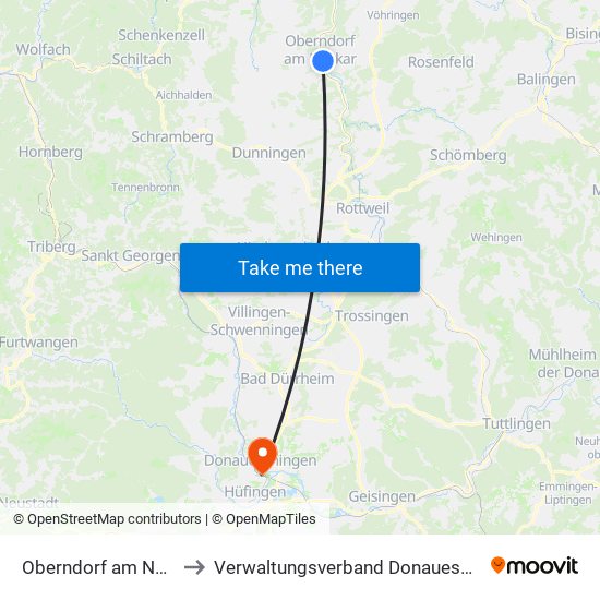 Oberndorf am Neckar to Verwaltungsverband Donaueschingen map