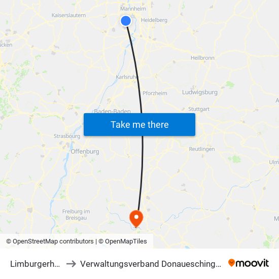 Limburgerhof to Verwaltungsverband Donaueschingen map