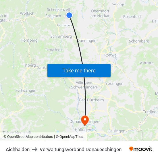 Aichhalden to Verwaltungsverband Donaueschingen map