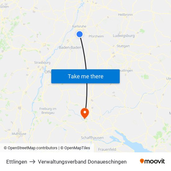 Ettlingen to Verwaltungsverband Donaueschingen map