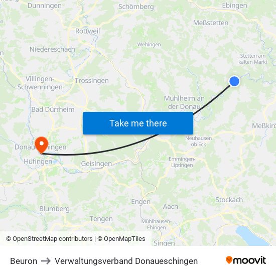 Beuron to Verwaltungsverband Donaueschingen map