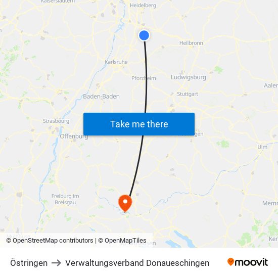 Östringen to Verwaltungsverband Donaueschingen map