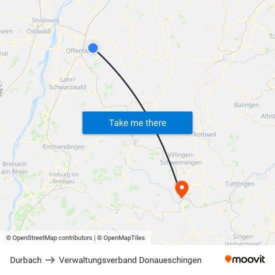Durbach to Verwaltungsverband Donaueschingen map