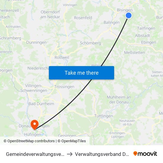 Gemeindeverwaltungsverband Bisingen to Verwaltungsverband Donaueschingen map