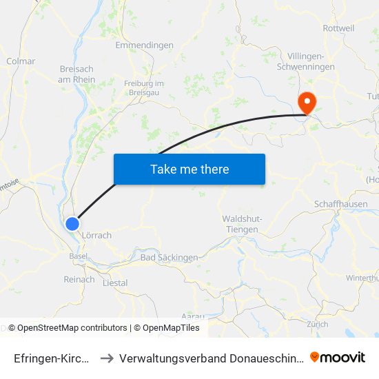 Efringen-Kirchen to Verwaltungsverband Donaueschingen map