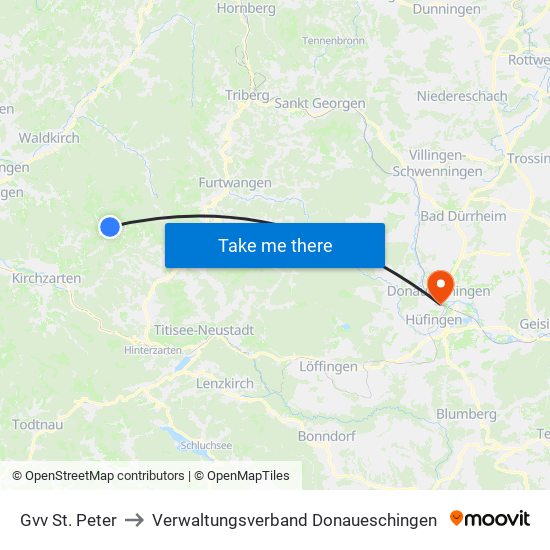 Gvv St. Peter to Verwaltungsverband Donaueschingen map