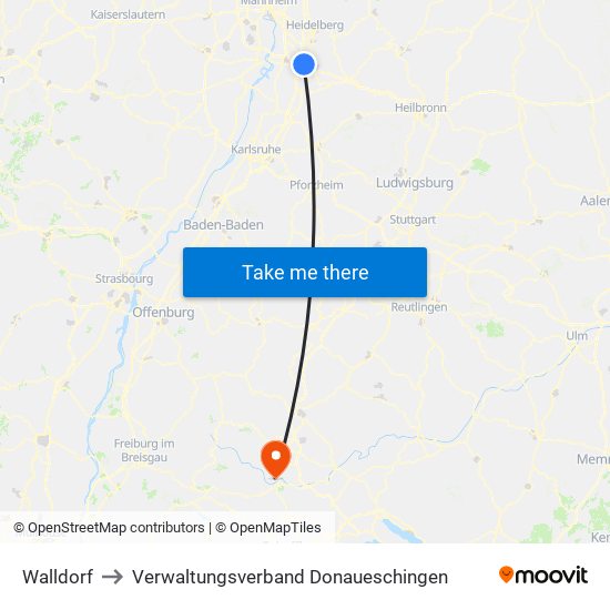Walldorf to Verwaltungsverband Donaueschingen map