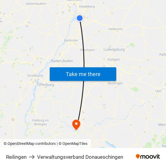 Reilingen to Verwaltungsverband Donaueschingen map