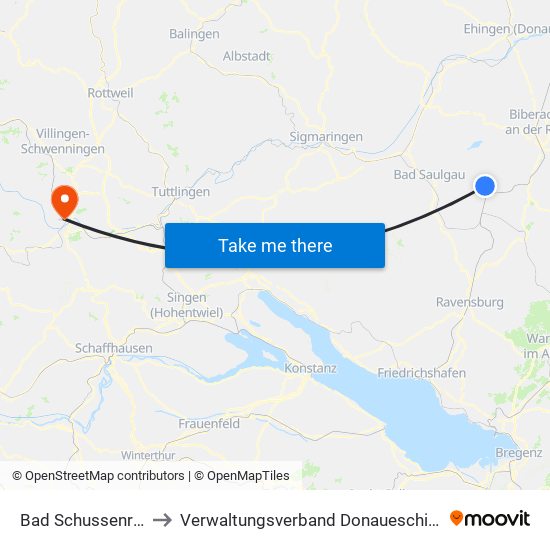 Bad Schussenried to Verwaltungsverband Donaueschingen map