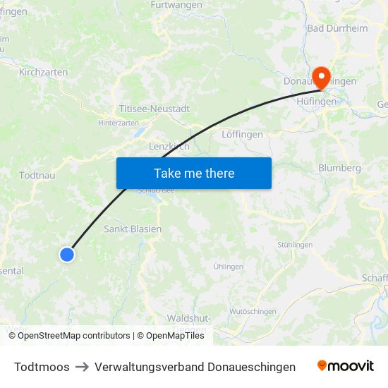 Todtmoos to Verwaltungsverband Donaueschingen map