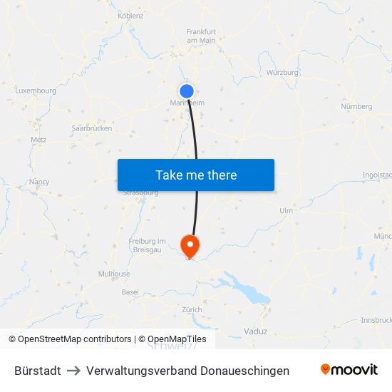 Bürstadt to Verwaltungsverband Donaueschingen map