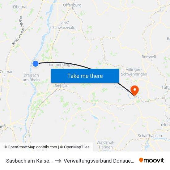 Sasbach am Kaiserstuhl to Verwaltungsverband Donaueschingen map