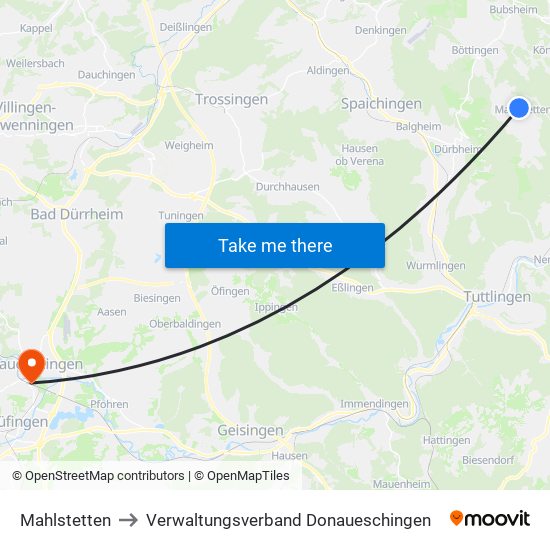 Mahlstetten to Verwaltungsverband Donaueschingen map