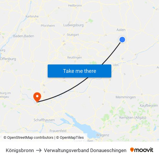 Königsbronn to Verwaltungsverband Donaueschingen map