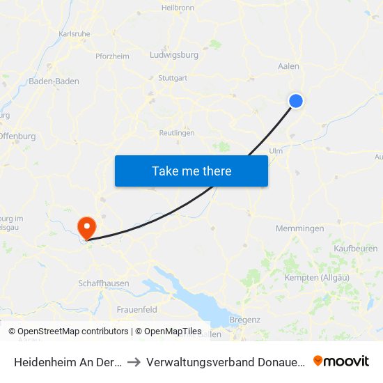 Heidenheim An Der Brenz to Verwaltungsverband Donaueschingen map
