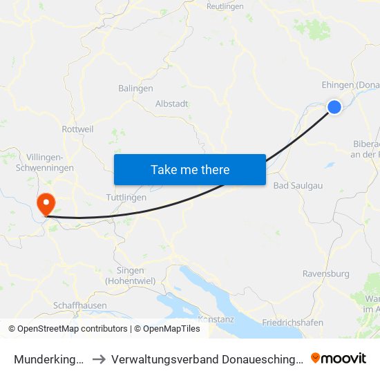 Munderkingen to Verwaltungsverband Donaueschingen map