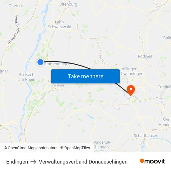 Endingen to Verwaltungsverband Donaueschingen map