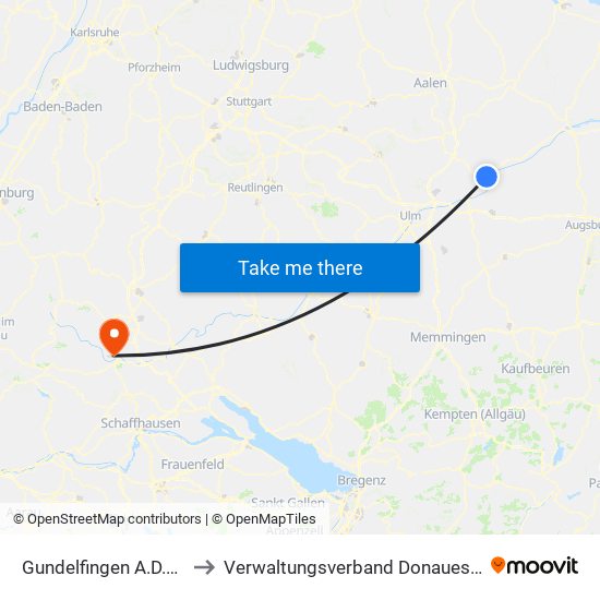 Gundelfingen A.D.Donau to Verwaltungsverband Donaueschingen map