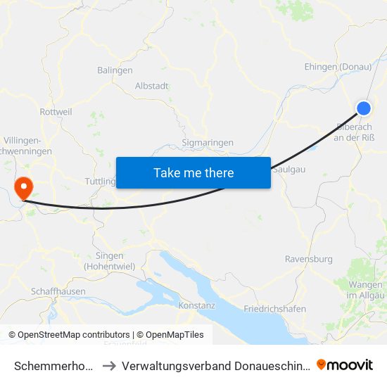 Schemmerhofen to Verwaltungsverband Donaueschingen map