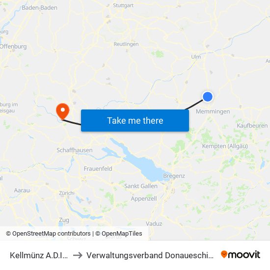 Kellmünz A.D.Iller to Verwaltungsverband Donaueschingen map