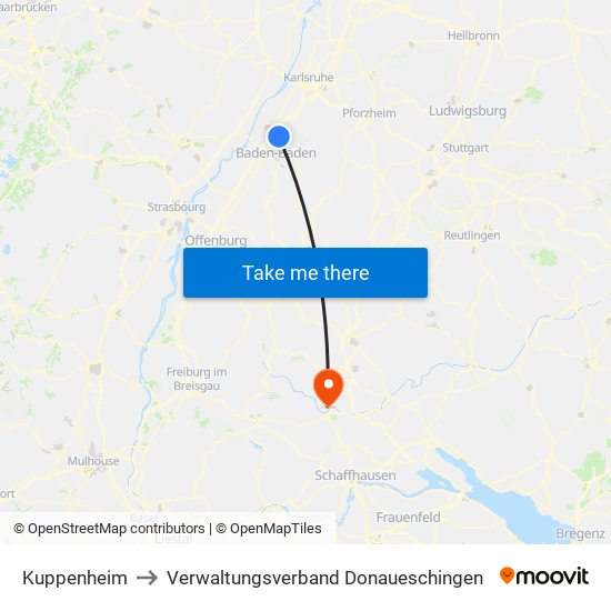 Kuppenheim to Verwaltungsverband Donaueschingen map