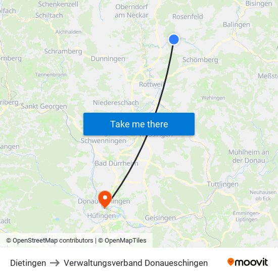 Dietingen to Verwaltungsverband Donaueschingen map