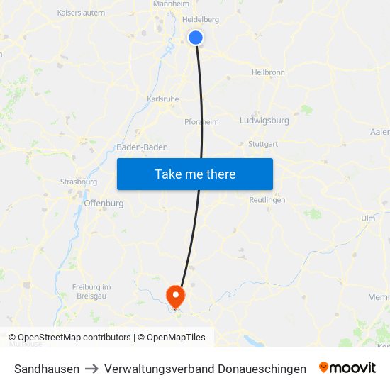 Sandhausen to Verwaltungsverband Donaueschingen map