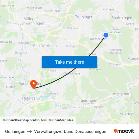 Gunningen to Verwaltungsverband Donaueschingen map