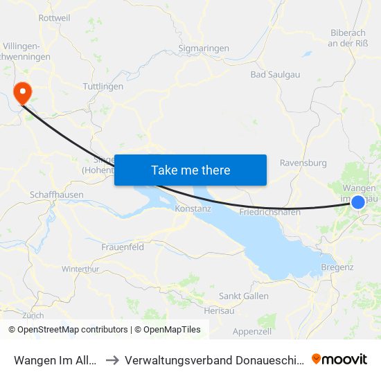 Wangen Im Allgäu to Verwaltungsverband Donaueschingen map