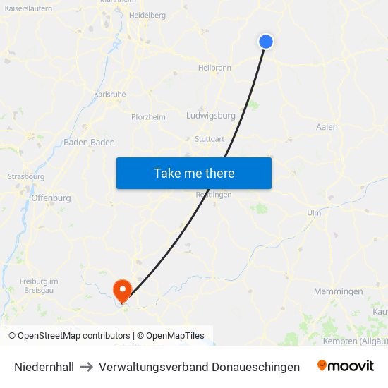 Niedernhall to Verwaltungsverband Donaueschingen map