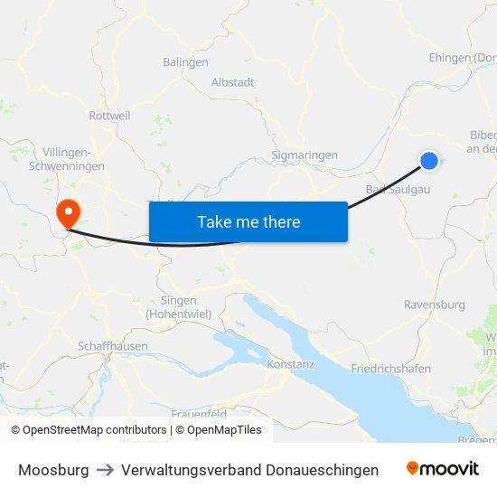 Moosburg to Verwaltungsverband Donaueschingen map