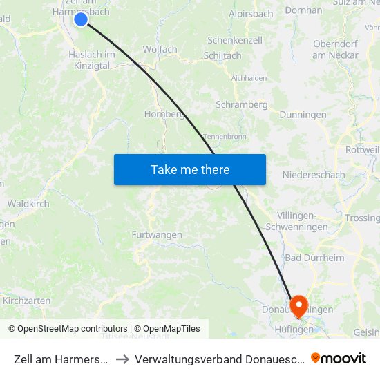 Zell am Harmersbach to Verwaltungsverband Donaueschingen map